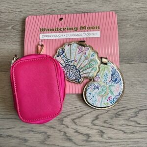 NWT Wandering Moon Hot Pink Zipper Pouch and 2 Seashell Luggage Tags Travel Set
